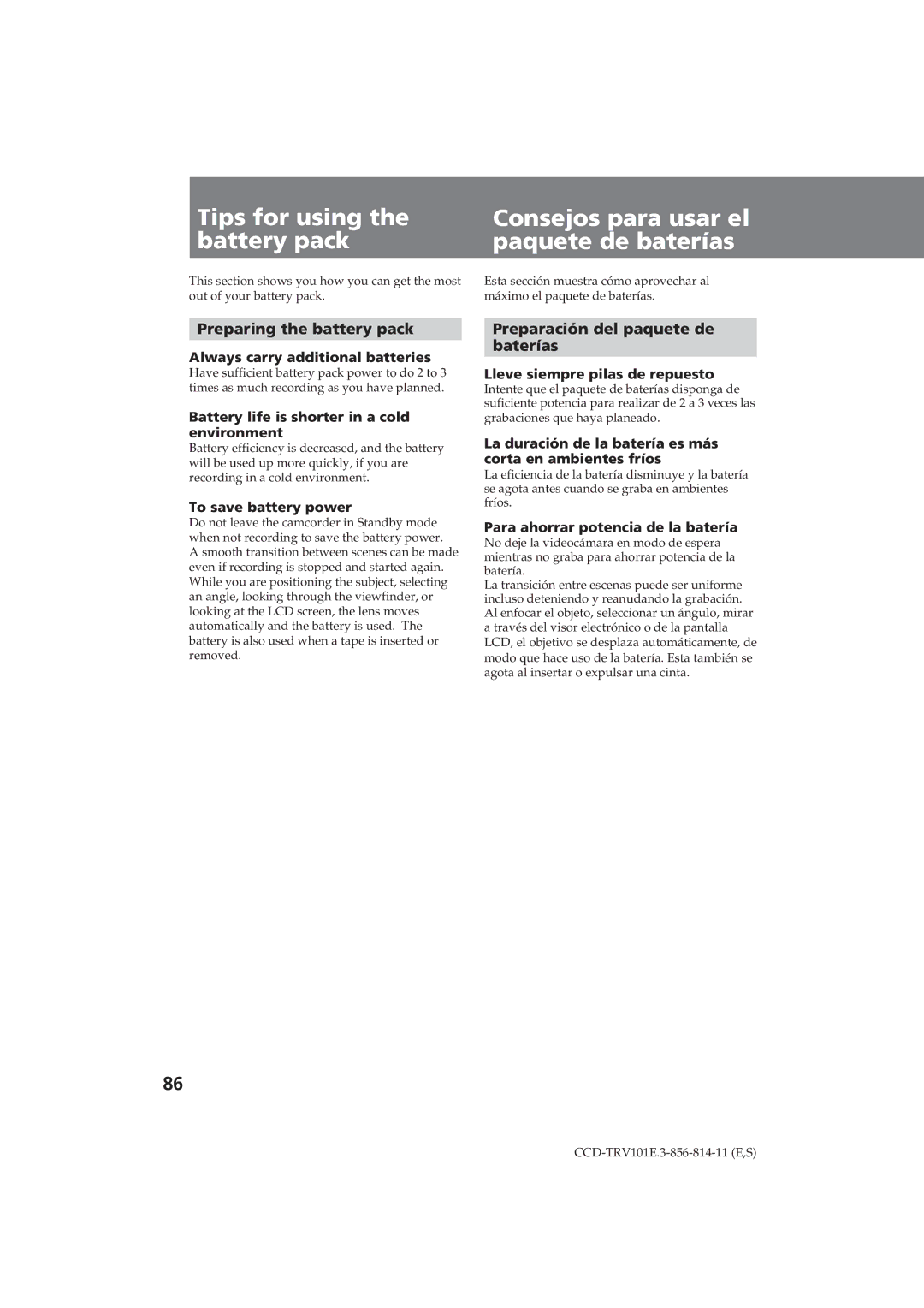 Sony CCD-TRV101E operating instructions Preparing the battery pack, Preparación del paquete de Baterías 