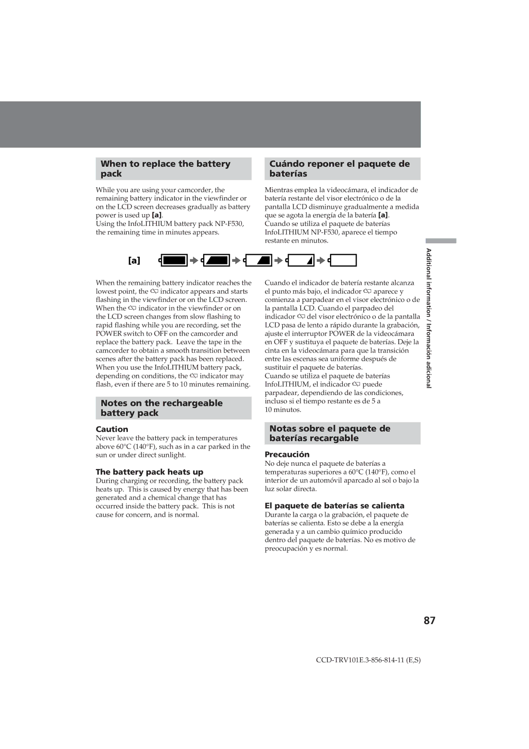 Sony CCD-TRV101E When to replace the battery Pack, Battery pack, Cuándo reponer el paquete de Baterías 