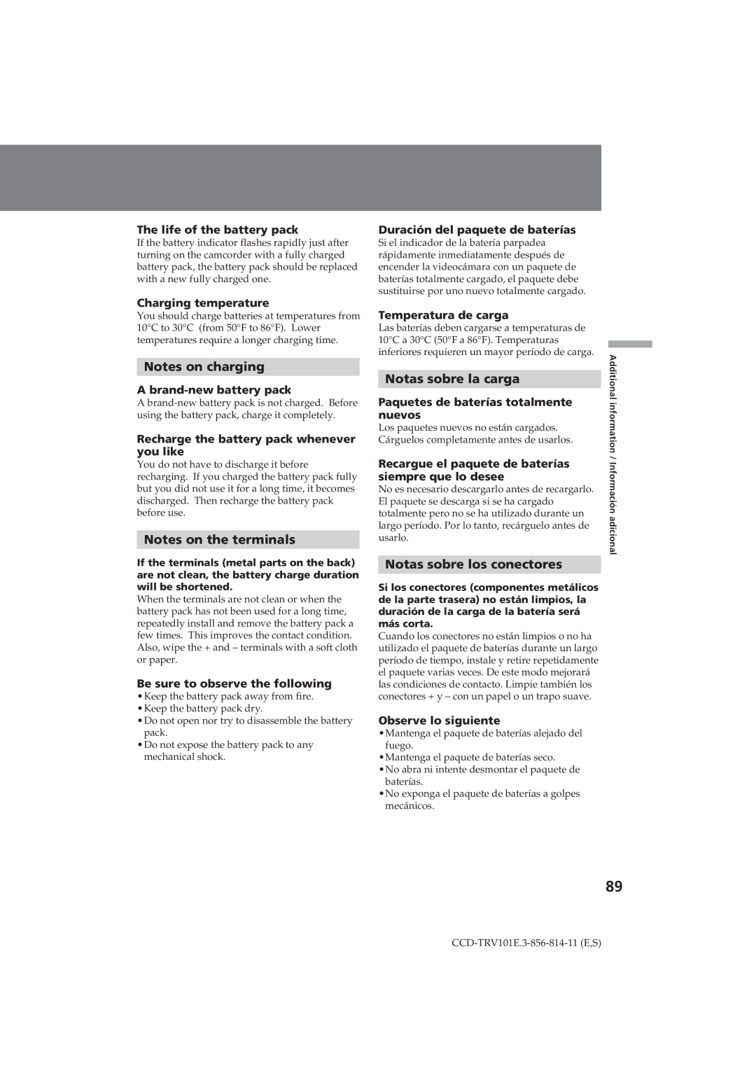 Sony CCD-TRV101E operating instructions Notas sobre la carga, Notas sobre los conectores 