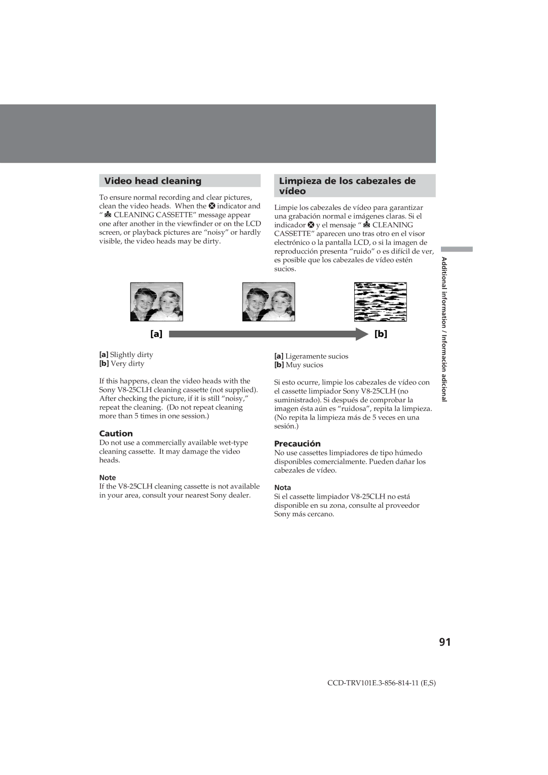 Sony CCD-TRV101E operating instructions Video head cleaning, Limpieza de los cabezales de Vídeo, Nota 