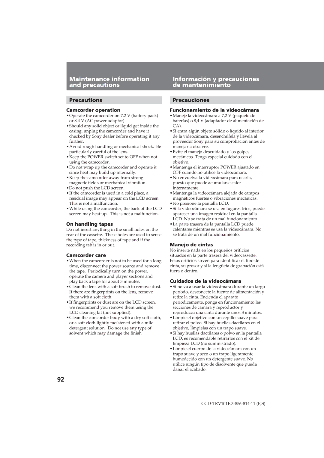 Sony CCD-TRV101E operating instructions Precautions, Precauciones 