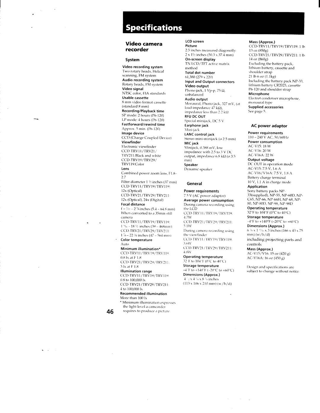 Sony CCD-TRV11, TRV211, TRV19, TRV119, CCS-TRV29 manual 