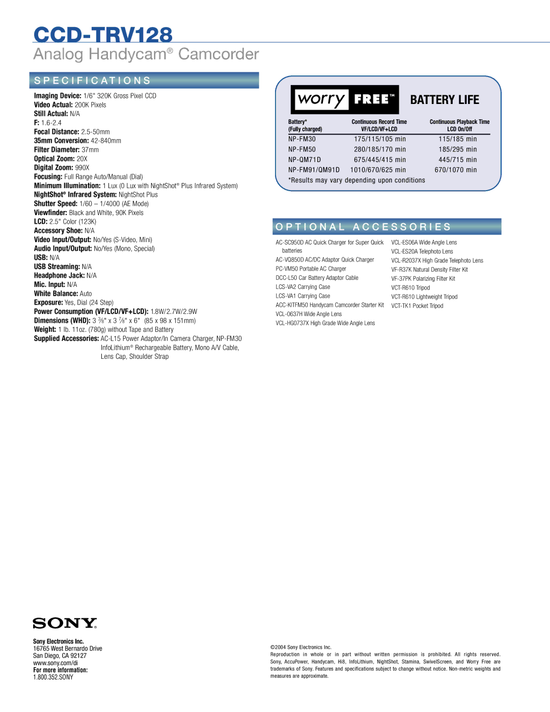 Sony CCD-TRV128 manual Battery Life 