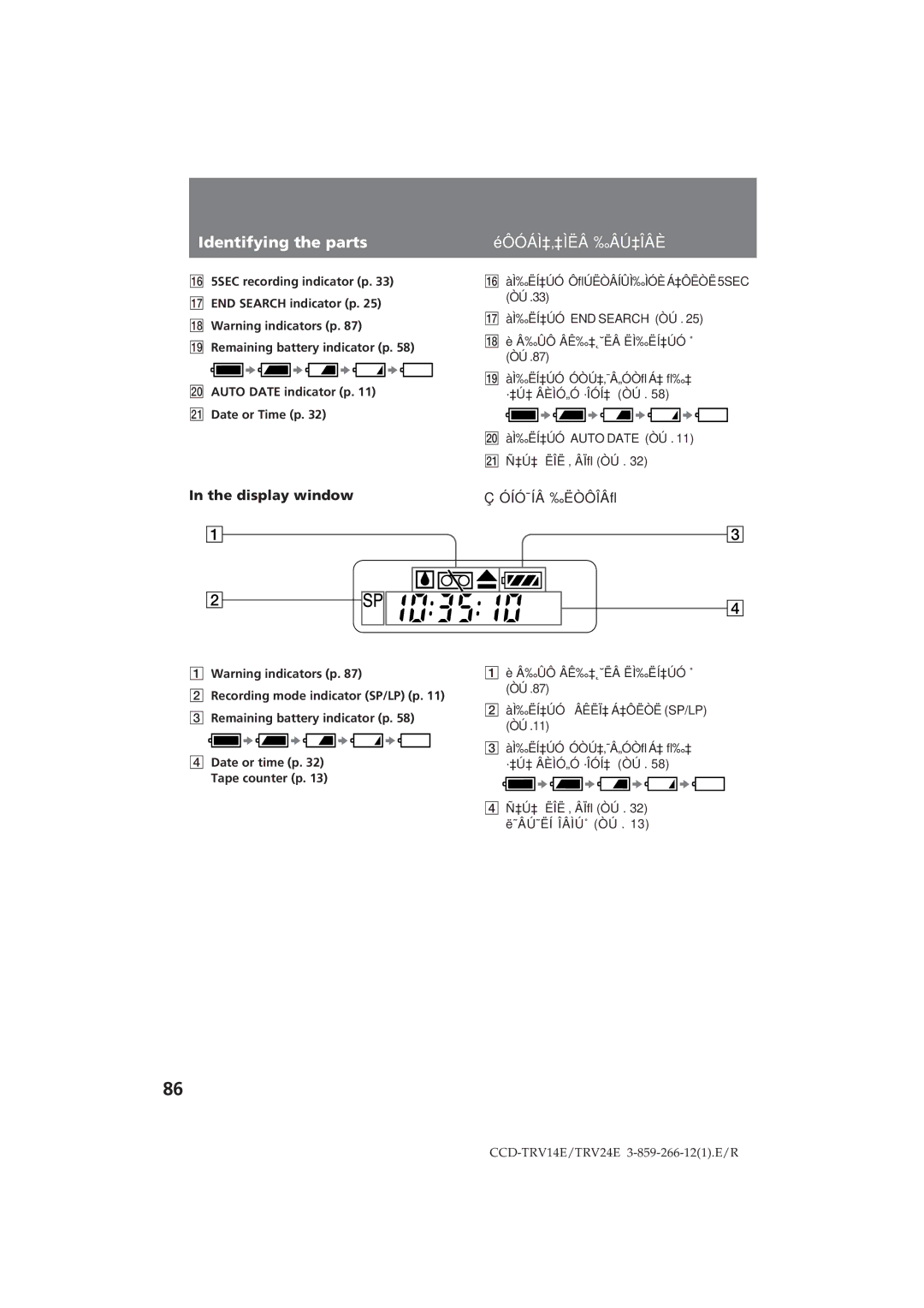 Sony CCD-TRV14E, CCD-TRV24E operating instructions Display window, ÓÍÓ¯ÍÂ ‰ËÒÔÎÂﬂ 