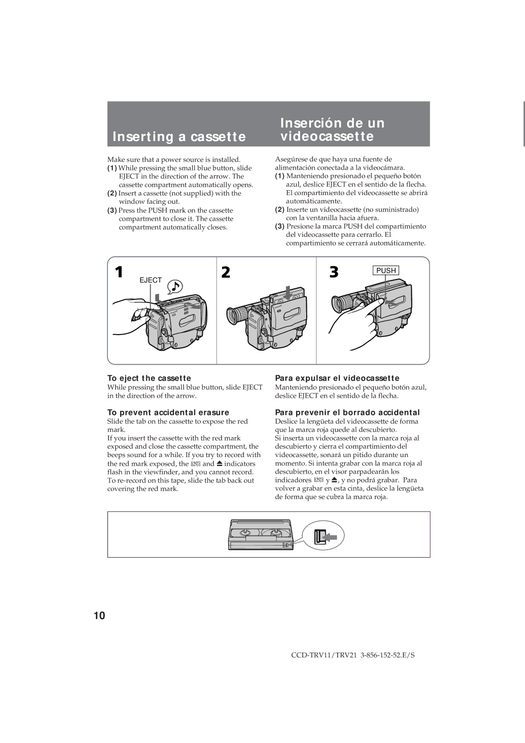 Sony CCD-TRV21, CCD-TRV11 operation manual Inserción de un, Inserting a cassette Videocassette 