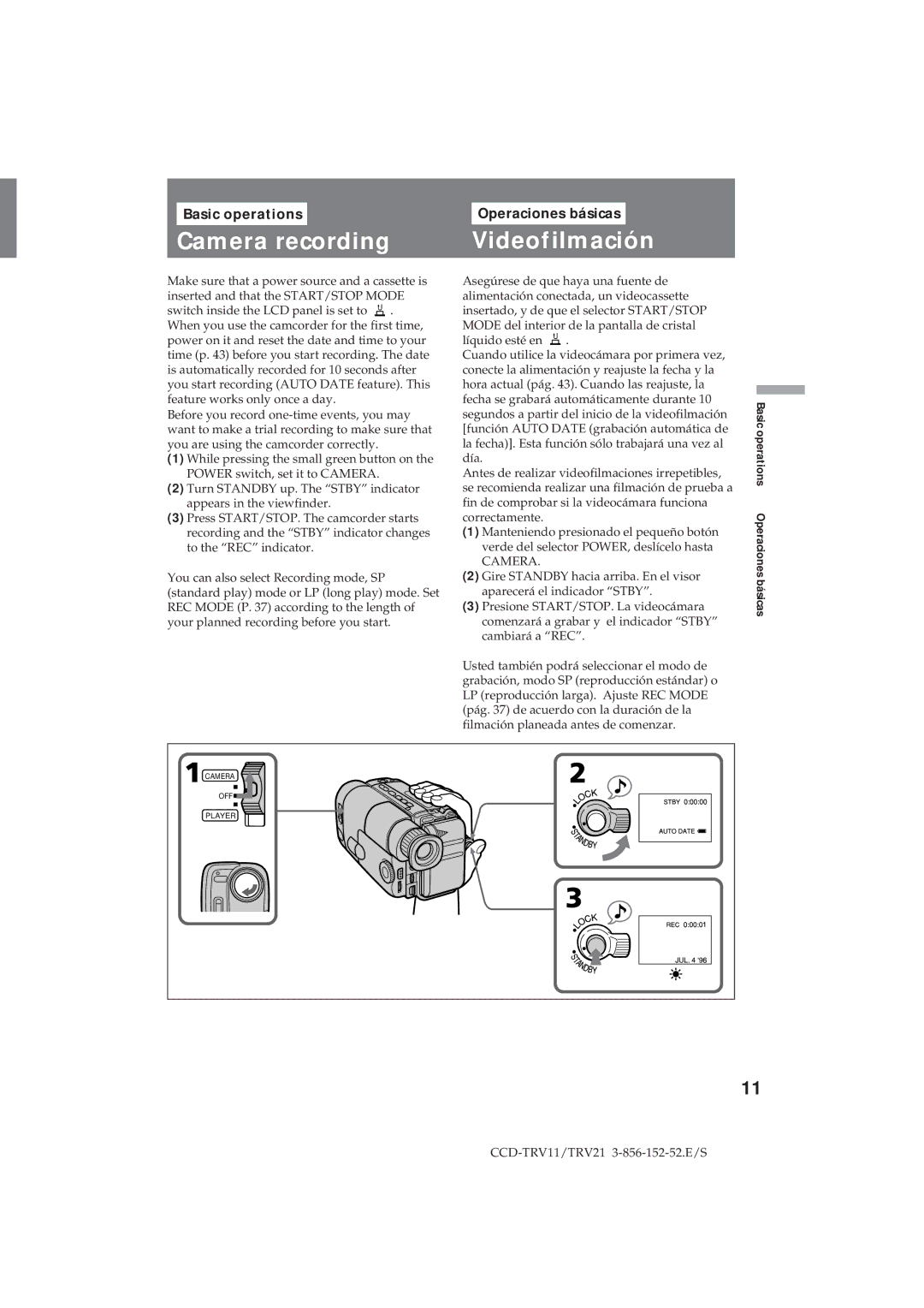 Sony CCD-TRV11, CCD-TRV21 operation manual Camera recording, Videofilmación, Basic operations, Operaciones básicas 