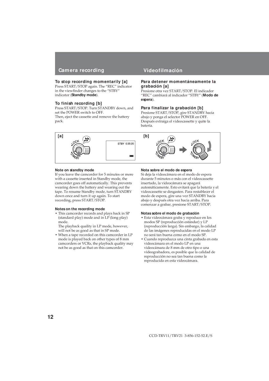 Sony CCD-TRV21, CCD-TRV11 operation manual Camera recording, Videofilmación 