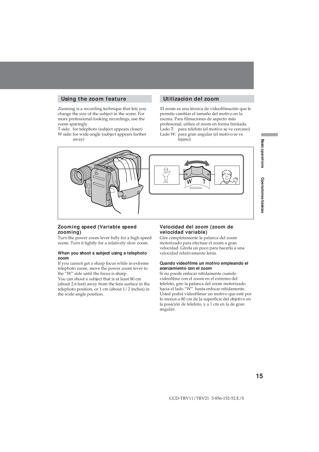 Sony CCD-TRV11, CCD-TRV21 operation manual Using the zoom feature Utilización del zoom, Zooming speed Variable speed zooming 