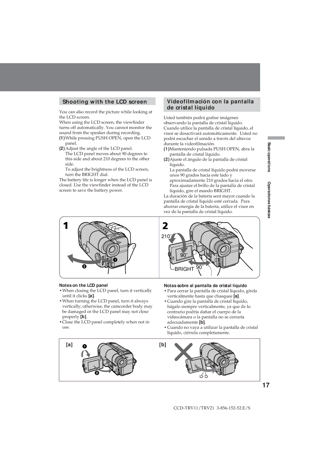 Sony CCD-TRV11, CCD-TRV21 operation manual Shooting with the LCD screen, Videofilmación con la pantalla de cristal líquido 