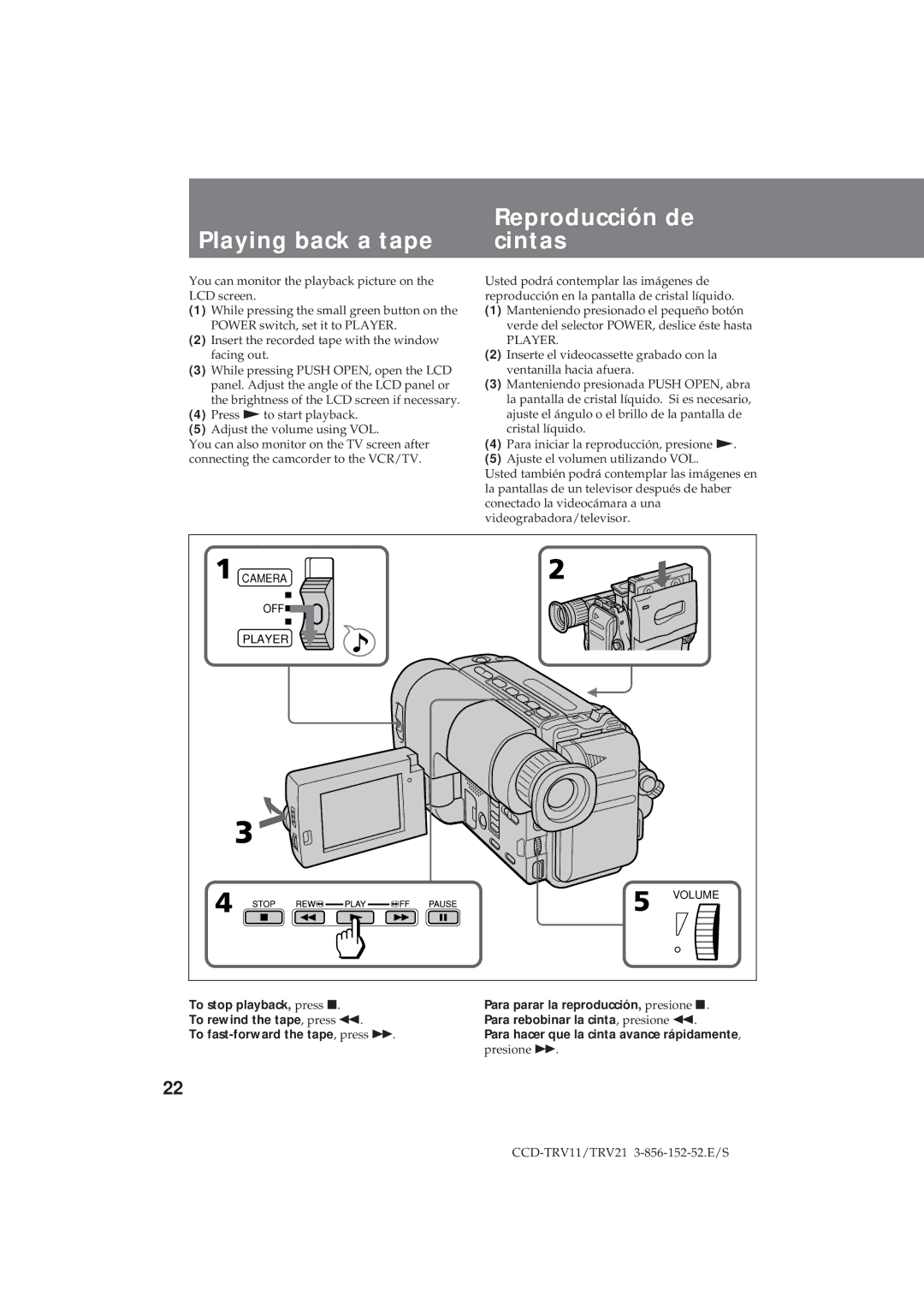 Sony CCD-TRV21, CCD-TRV11 operation manual Reproducción de, Playing back a tape Cintas 