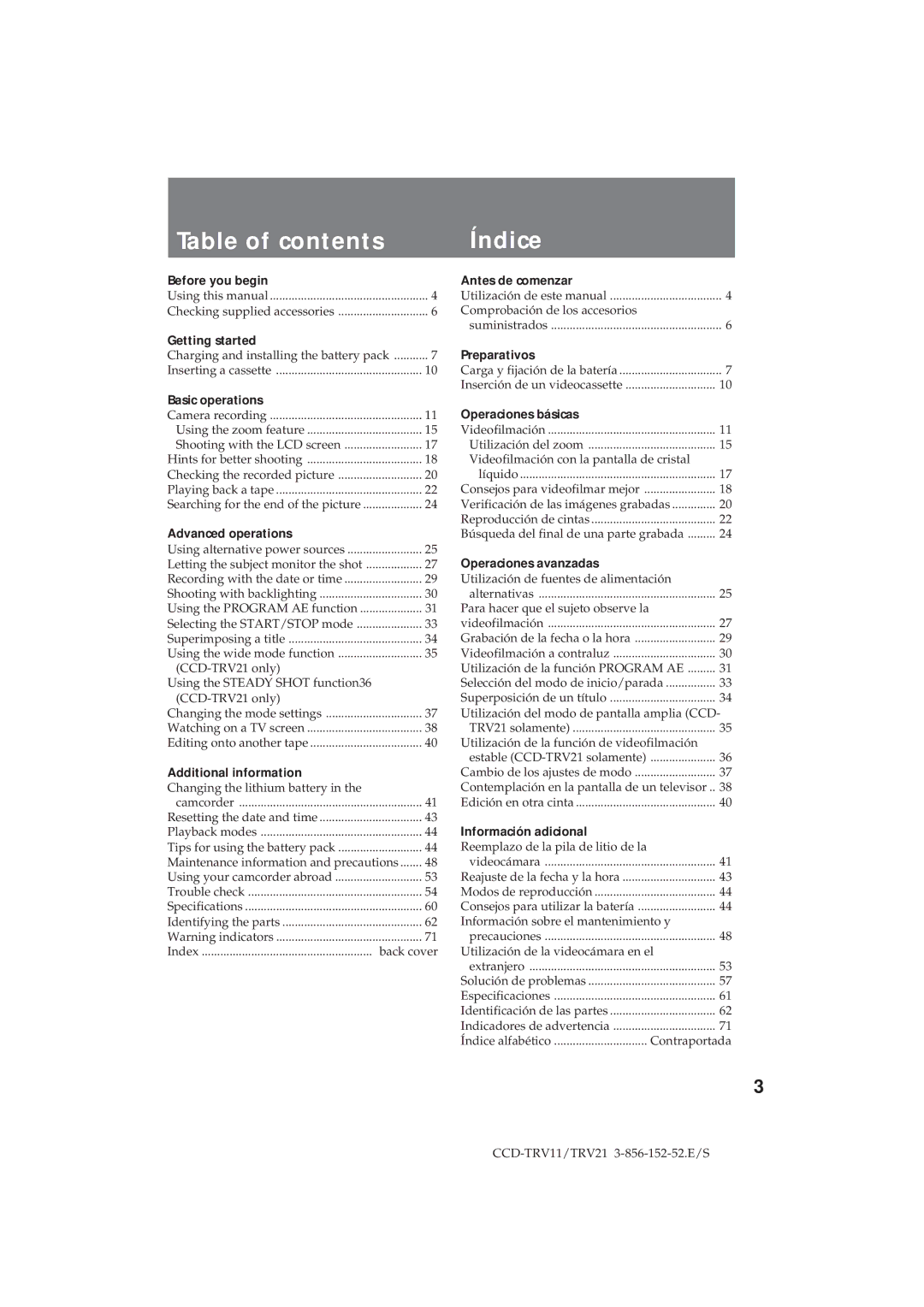 Sony CCD-TRV11, CCD-TRV21 operation manual Table of contents Índice 