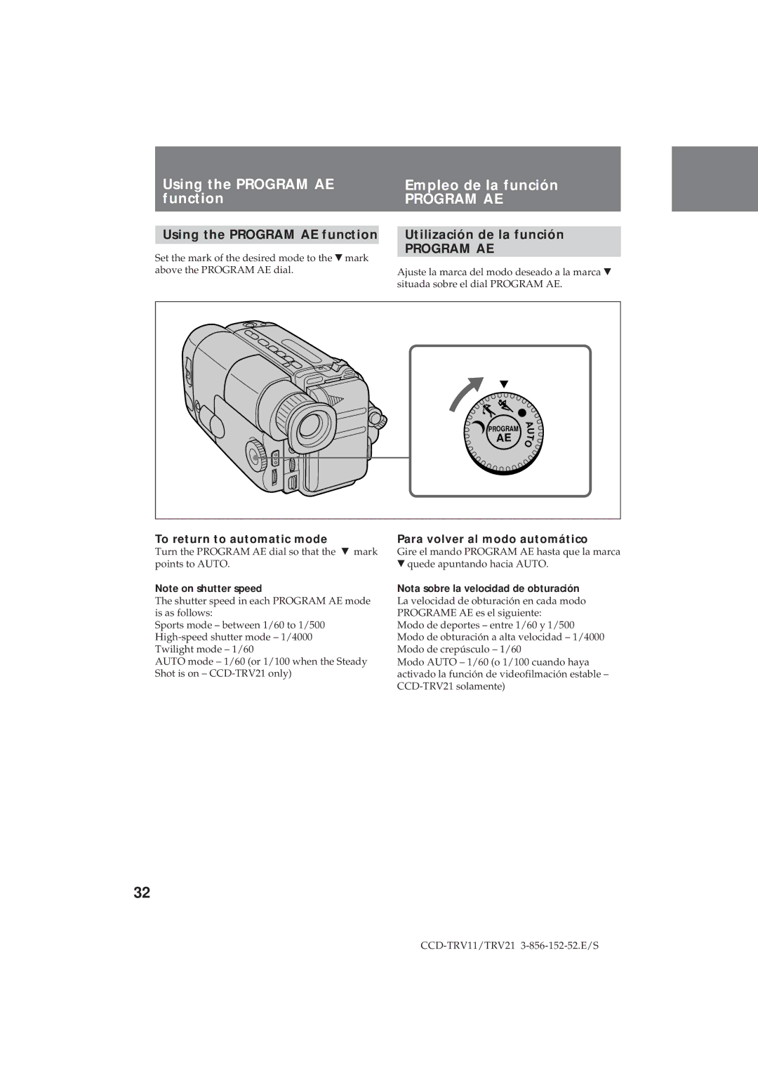 Sony CCD-TRV21, CCD-TRV11 operation manual Using the Program AE Empleo de la función Function, Using the Program AE function 