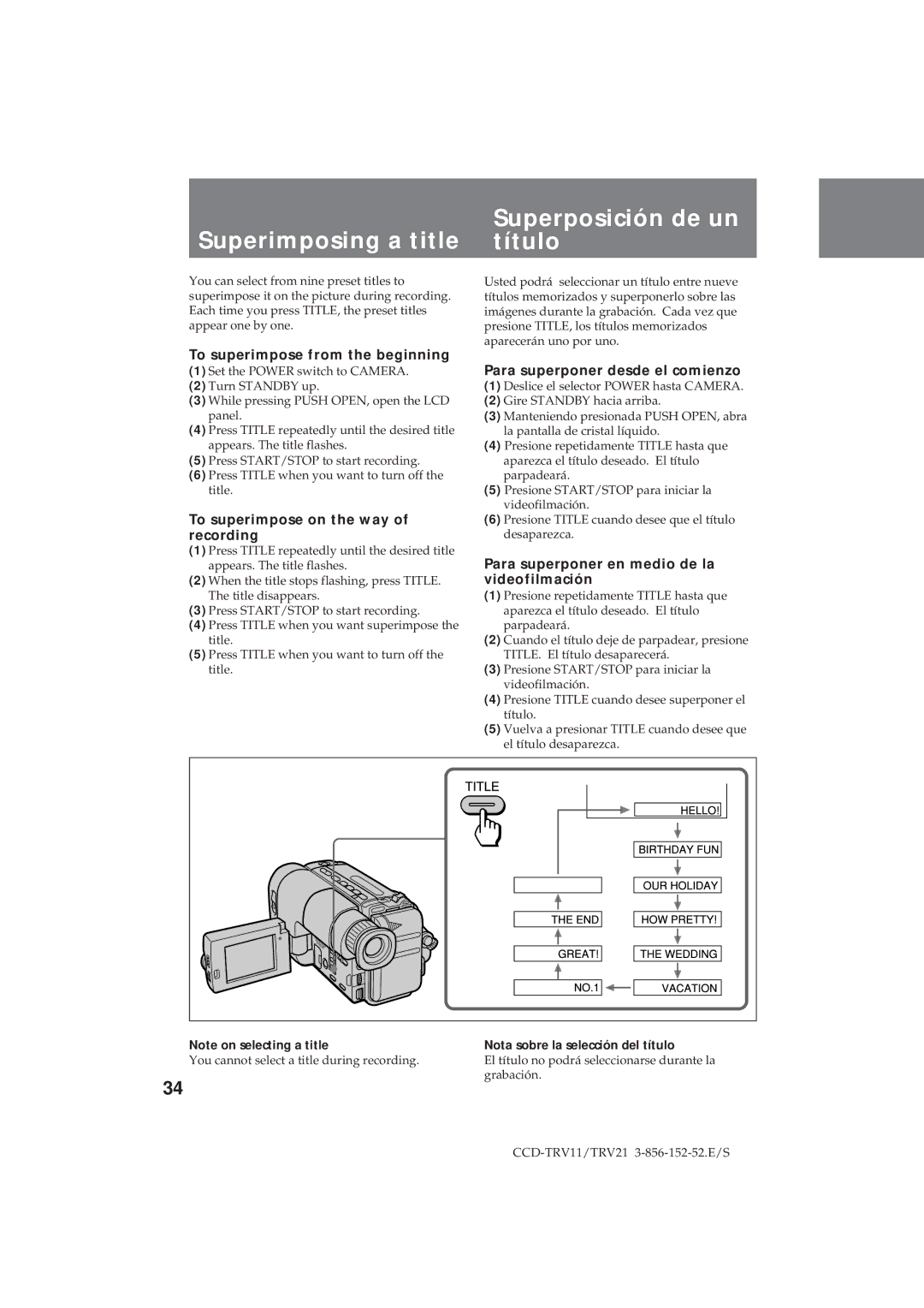 Sony CCD-TRV21, CCD-TRV11 Superposición de un Superimposing a title título, To superimpose from the beginning 