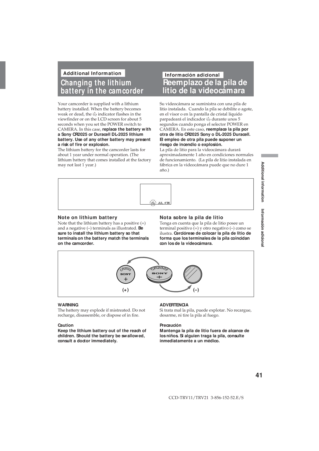 Sony CCD-TRV11 Pila de Changing the lithium, Battery in the camcorder Litio de la videocámara, Nota sobre la pila de litio 