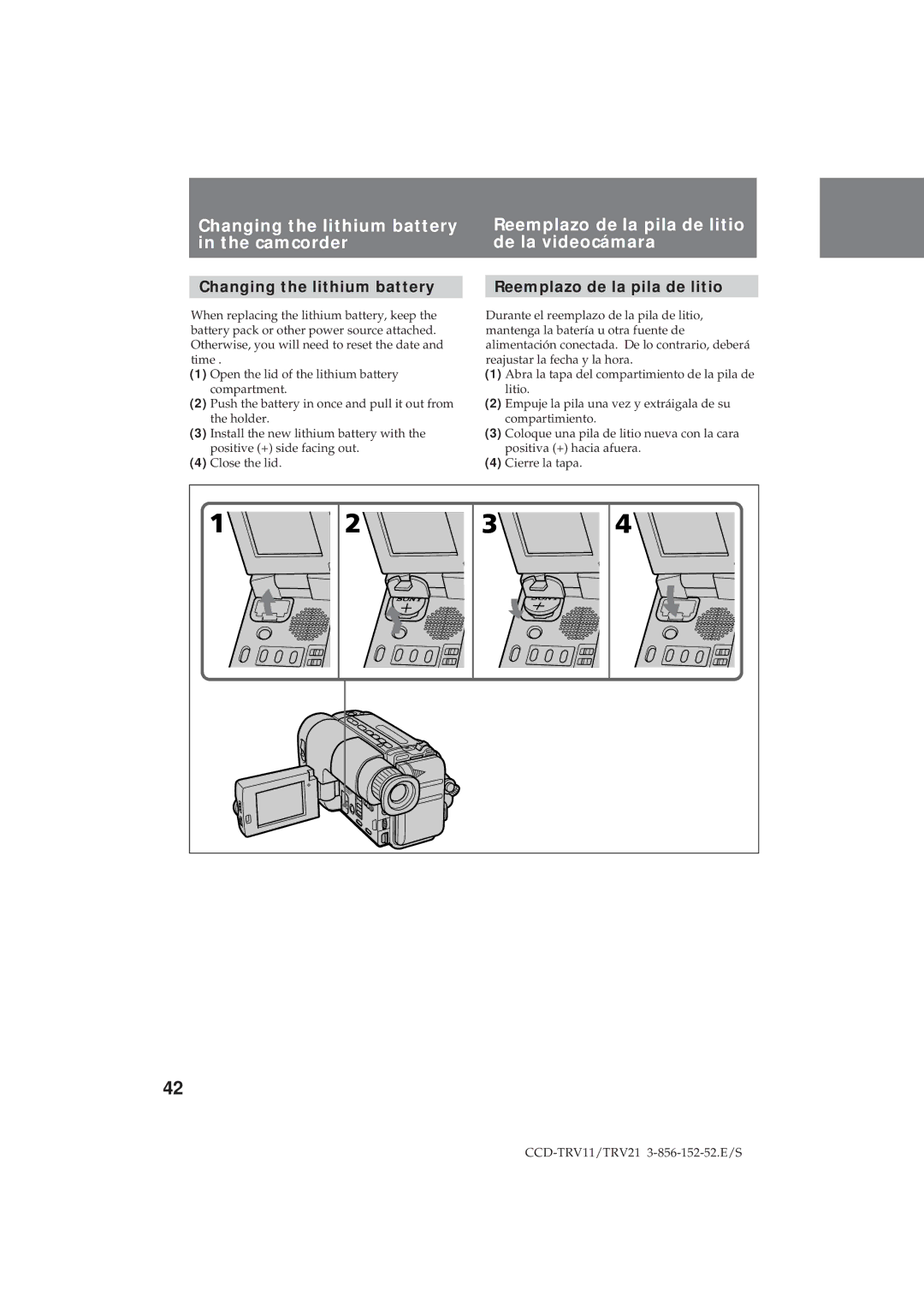 Sony CCD-TRV21, CCD-TRV11 operation manual Changing the lithium battery, Reemplazo de la pila de litio 