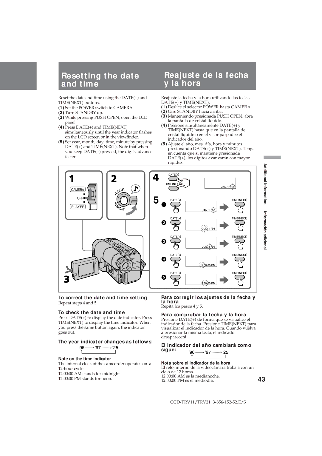 Sony CCD-TRV11, CCD-TRV21 operation manual Resetting the date Reajuste de la fecha Time La hora 