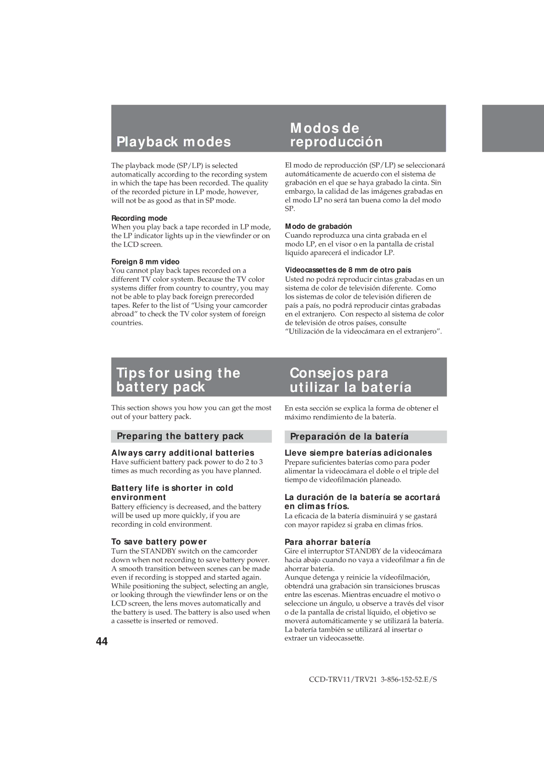 Sony CCD-TRV21, CCD-TRV11 Modos de, Playback modes Reproducción, Preparing the battery pack, Preparación de la batería 