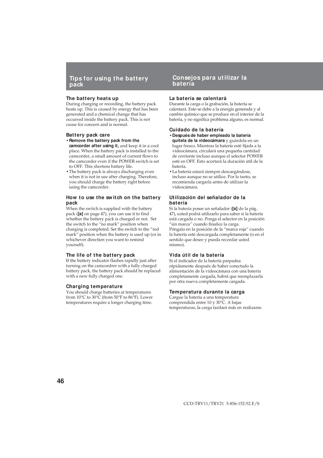 Sony CCD-TRV21, CCD-TRV11 operation manual Tips for using the battery pack, Consejos para utilizar la batería 