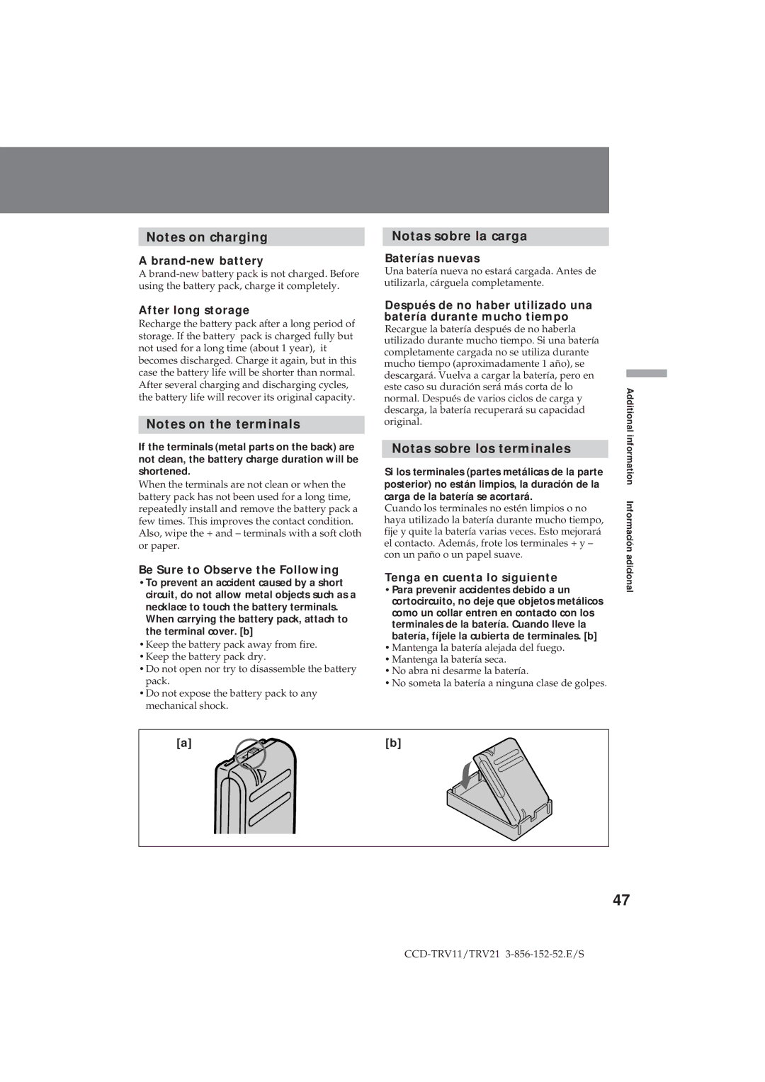 Sony CCD-TRV11, CCD-TRV21 operation manual Notas sobre la carga, Notas sobre los terminales 