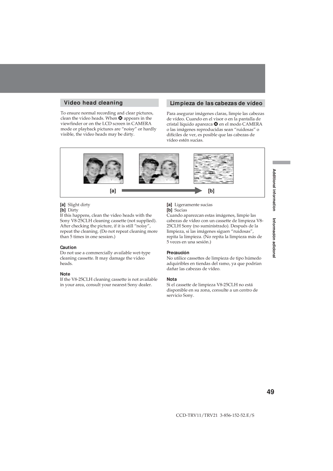 Sony CCD-TRV11, CCD-TRV21 operation manual Video head cleaning, Limpieza de las cabezas de vídeo, Precaución, Nota 