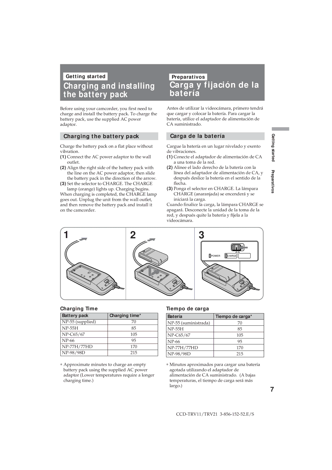 Sony CCD-TRV11 Charging and installing the battery pack, Carga y fijación de la batería, Charging the battery pack 