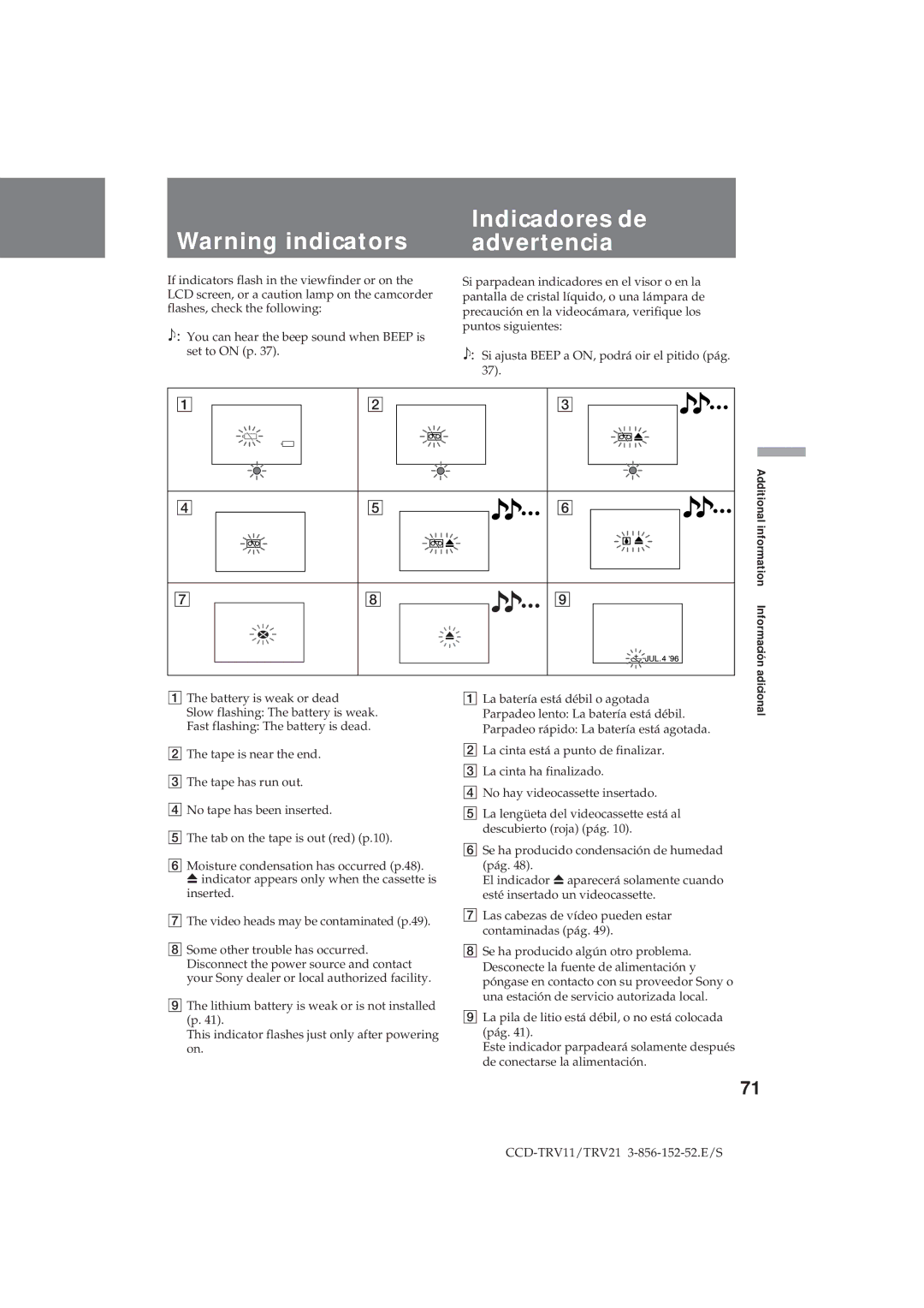 Sony CCD-TRV11, CCD-TRV21 operation manual Indicadores de, Advertencia 