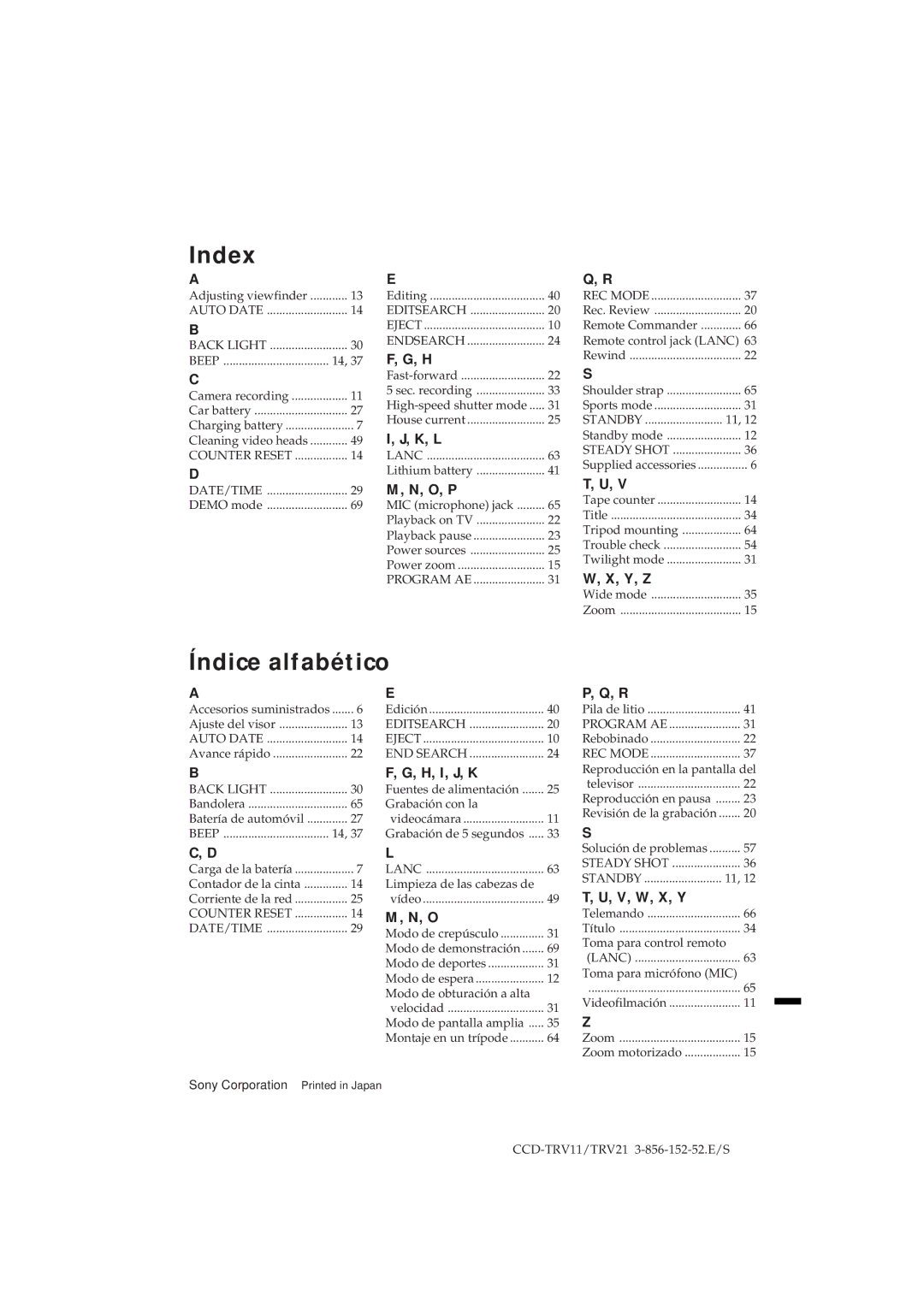 Sony CCD-TRV21, CCD-TRV11 operation manual K, L, O, P, Y, Z, H, I, J, K, V, W, X, Y 
