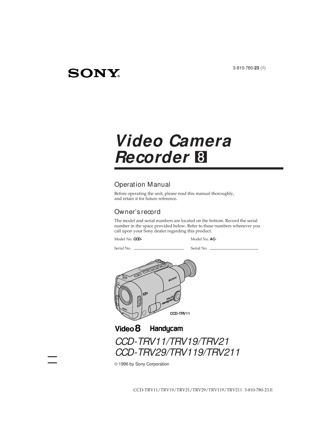 Sony CCD-TRV19, CCD-TRV29 operation manual Video Camera Recorder h 