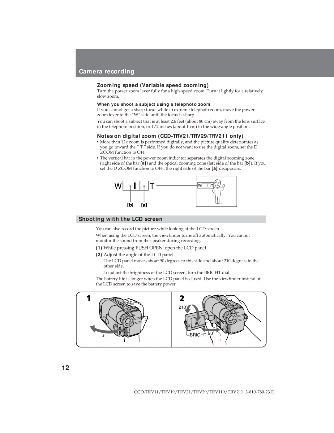 Sony CCD-TRV29, CCD-TRV19 operation manual Zooming speed Variable speed zooming, Shooting with the LCD screen 