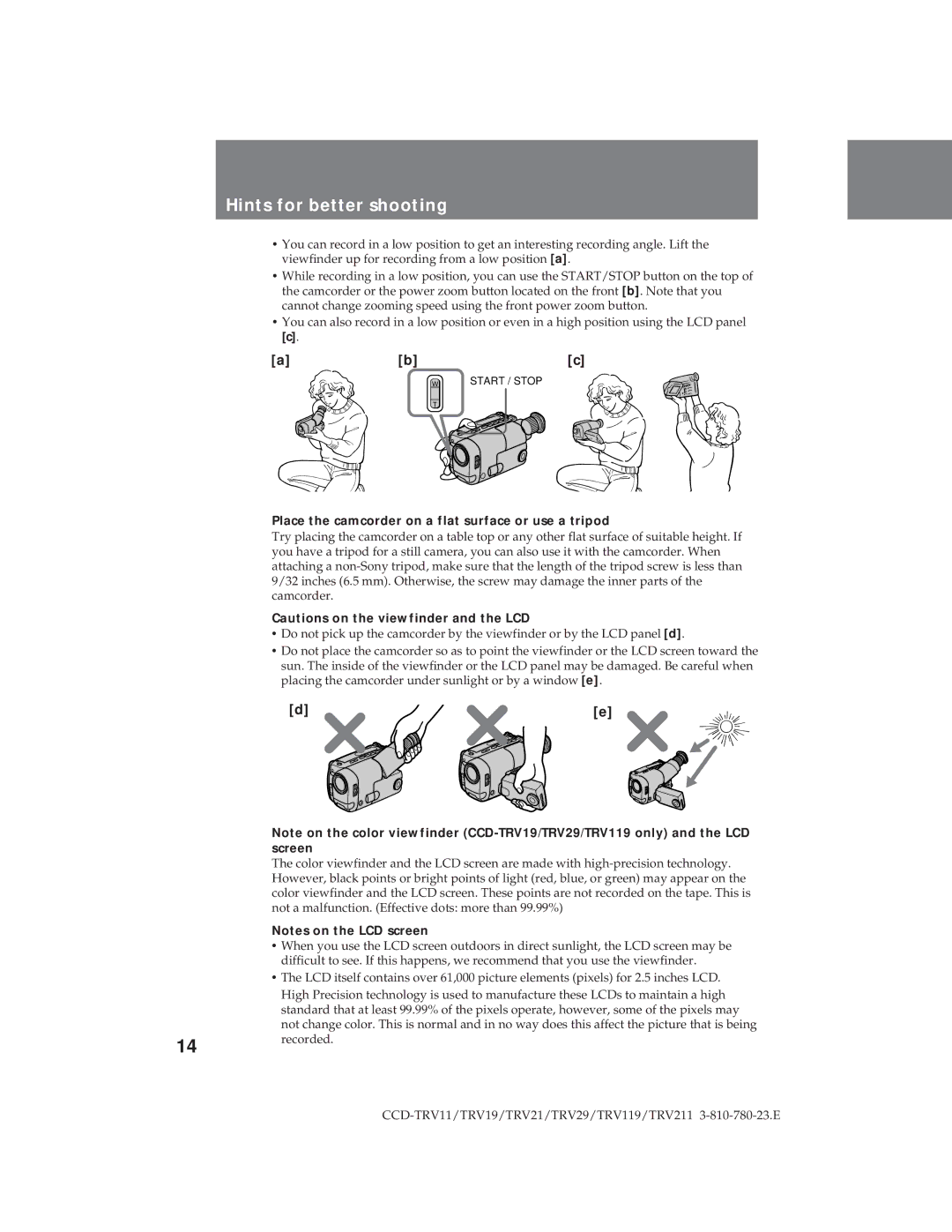 Sony CCD-TRV29, CCD-TRV19 operation manual Hints for better shooting, Place the camcorder on a flat surface or use a tripod 