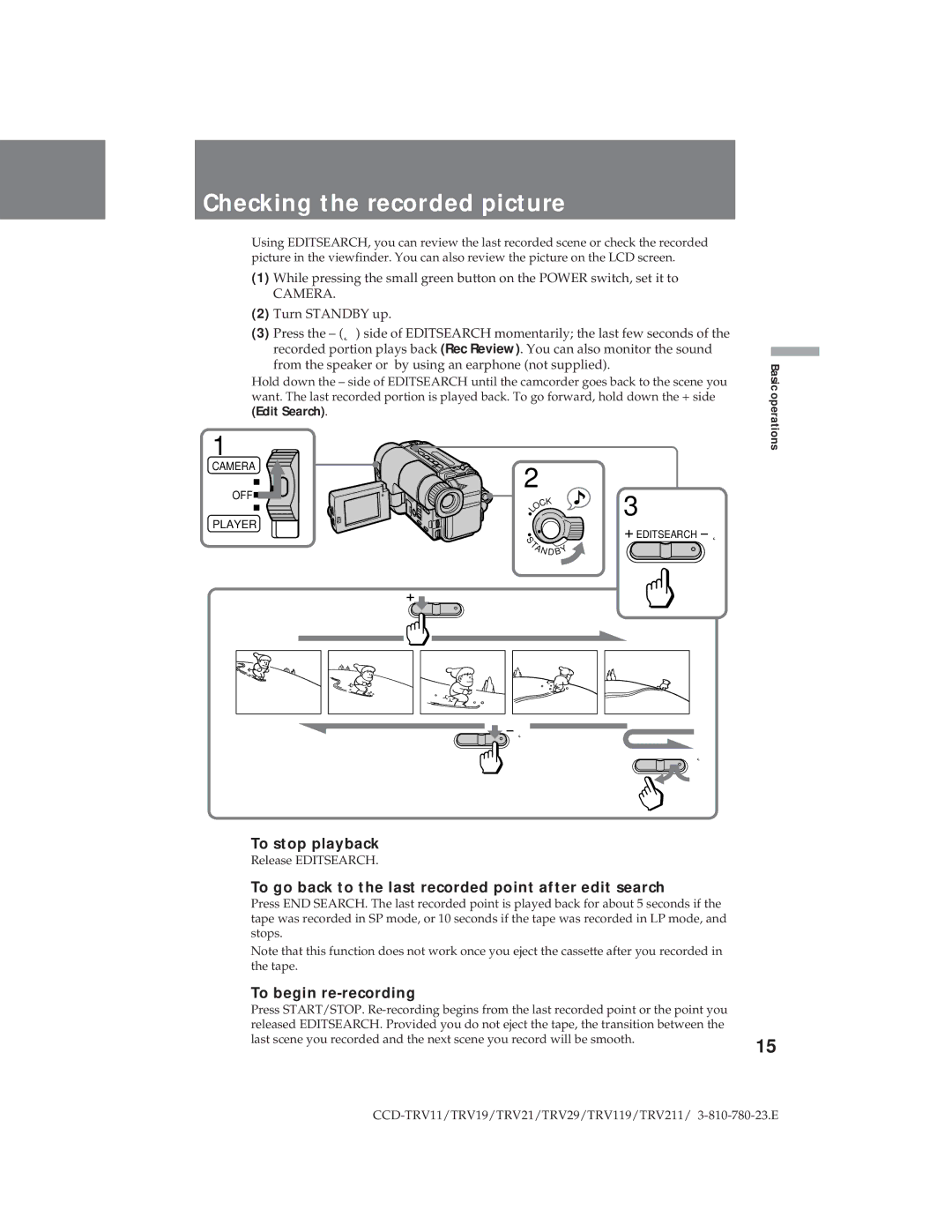 Sony CCD-TRV19 Checking the recorded picture, To stop playback, To go back to the last recorded point after edit search 