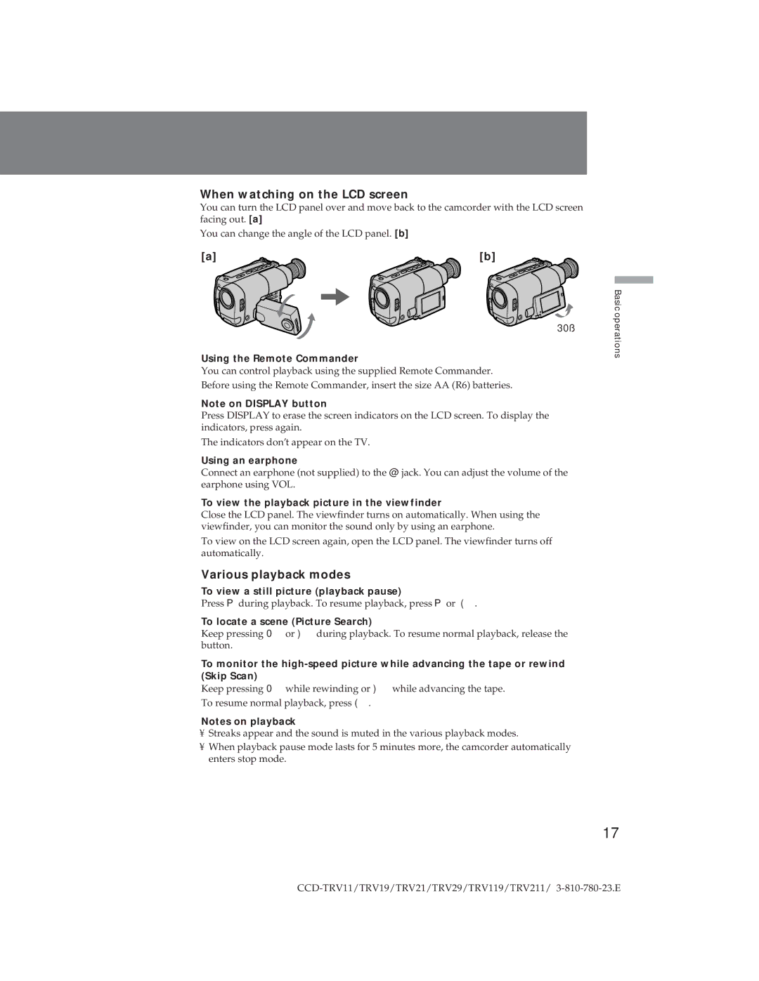 Sony CCD-TRV19, CCD-TRV29 operation manual When watching on the LCD screen, Various playback modes 