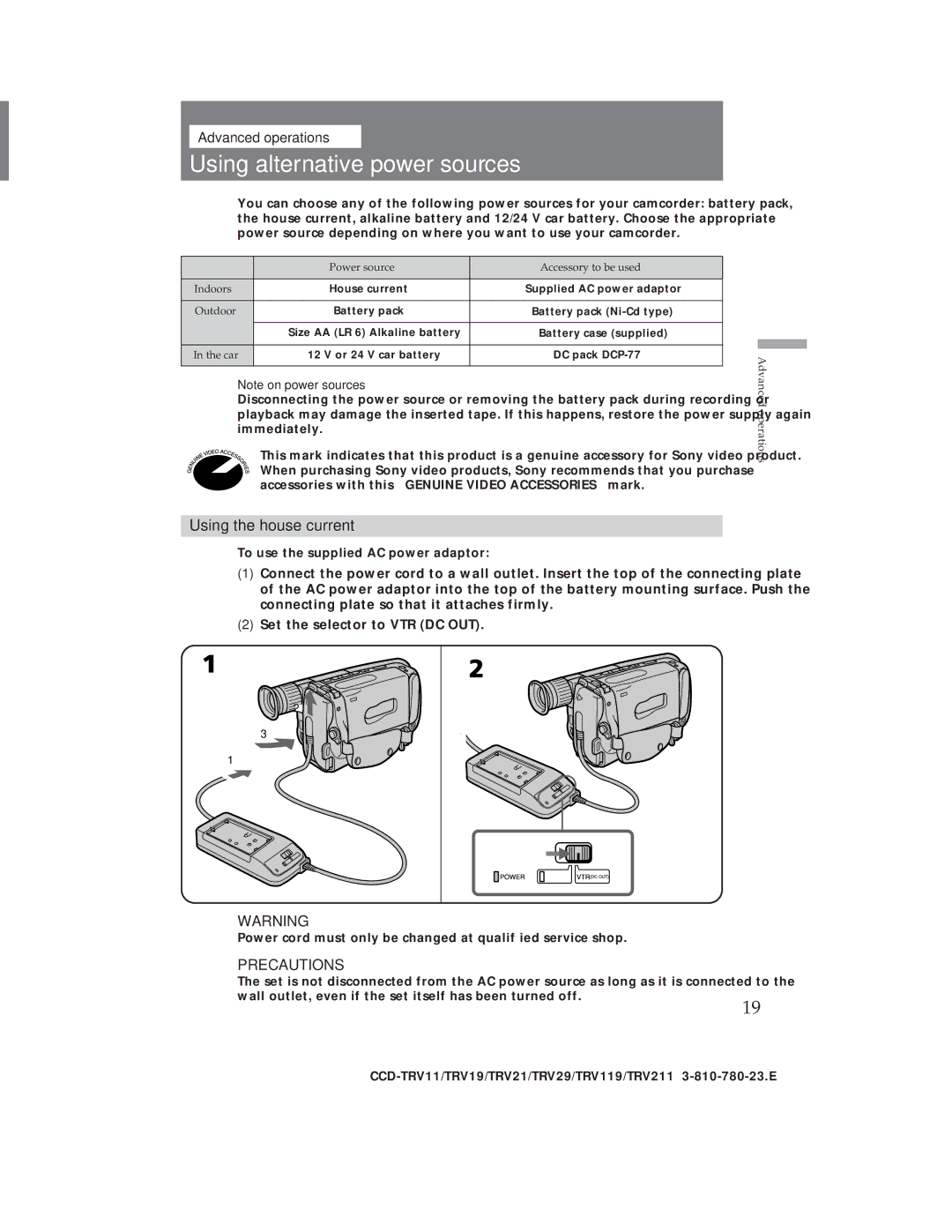 Sony CCD-TRV19, CCD-TRV29 operation manual Using alternative power sources, Using the house current 