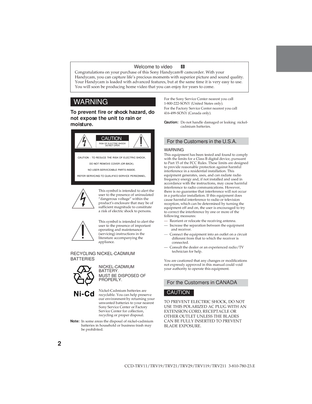 Sony CCD-TRV29, CCD-TRV19 operation manual Welcome to video h, For the Customers in the U.S.A, For the Customers in Canada 