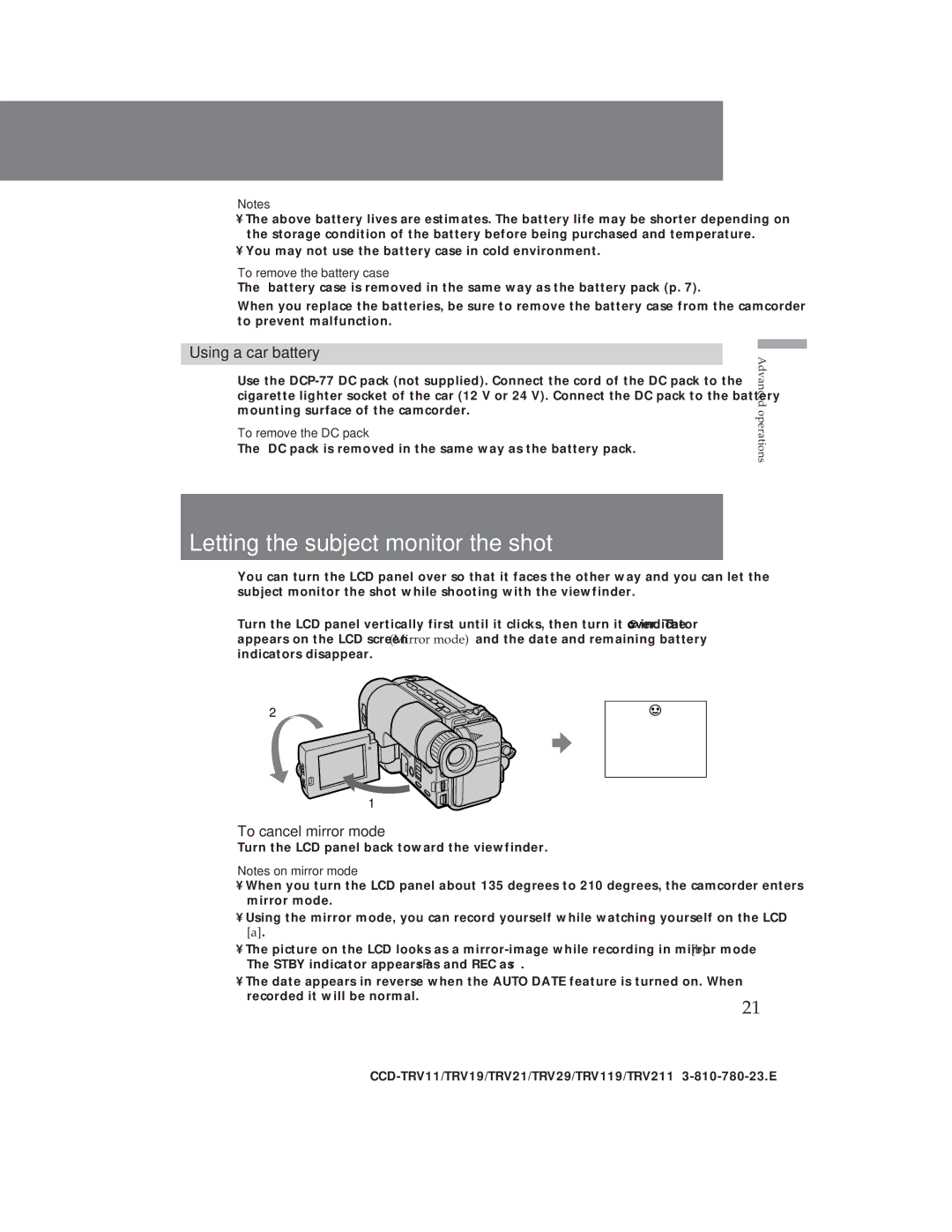 Sony CCD-TRV19 Letting the subject monitor the shot, Using a car battery, To cancel mirror mode, To remove the DC pack 