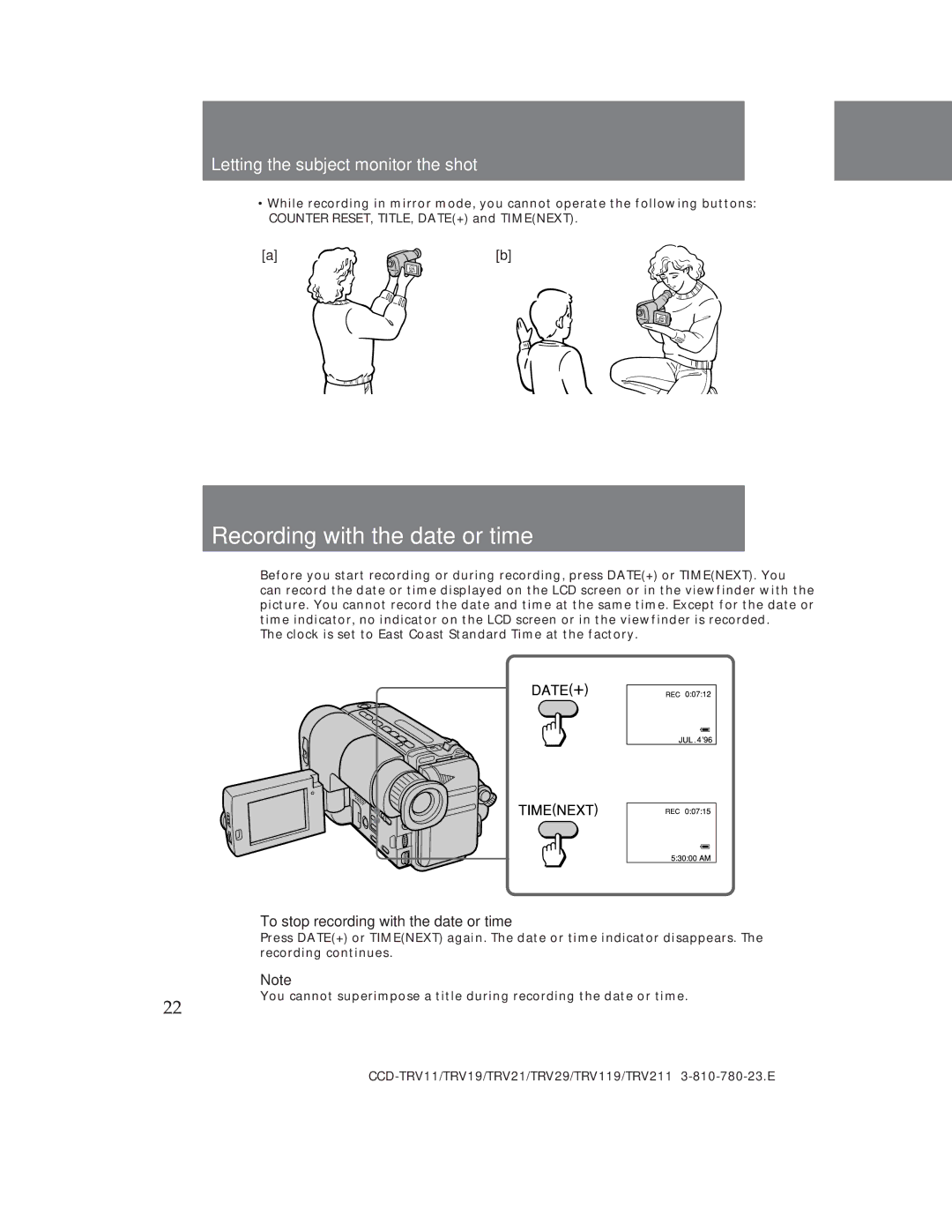 Sony CCD-TRV29, CCD-TRV19 operation manual Recording with the date or time, Letting the subject monitor the shot 