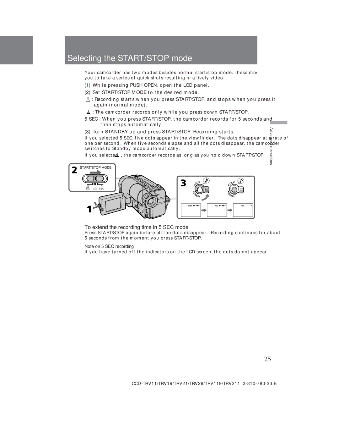 Sony CCD-TRV19, CCD-TRV29 operation manual Selecting the START/STOP mode, To extend the recording time in 5 SEC mode 