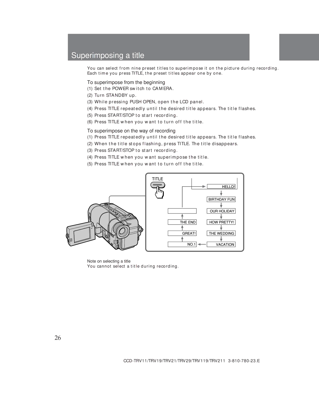 Sony CCD-TRV29, CCD-TRV19 Superimposing a title, To superimpose from the beginning, To superimpose on the way of recording 