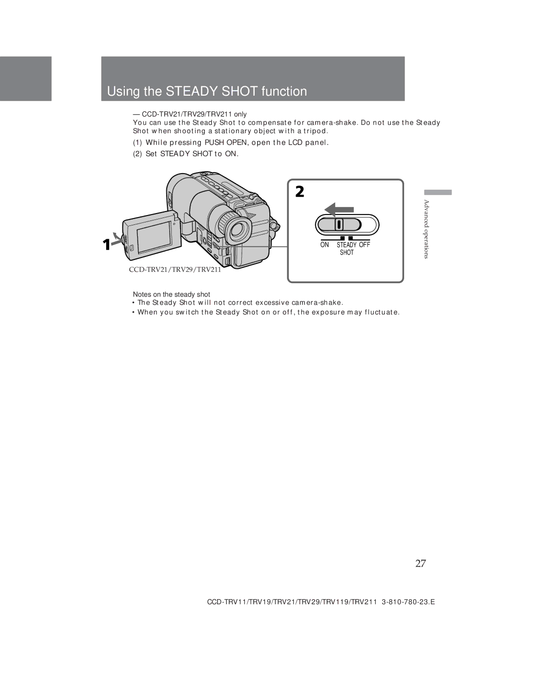 Sony CCD-TRV19, CCD-TRV29 operation manual Using the Steady Shot function, CCD-TRV21/TRV29/TRV211 only 