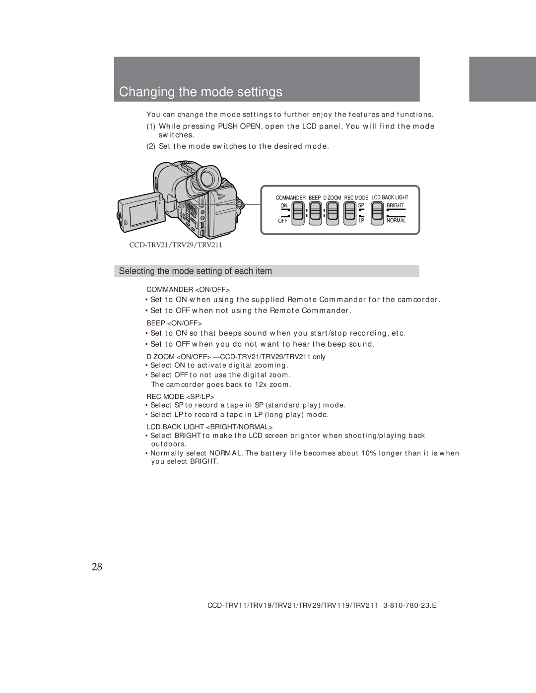 Sony CCD-TRV29, CCD-TRV19 operation manual Changing the mode settings, Selecting the mode setting of each item 