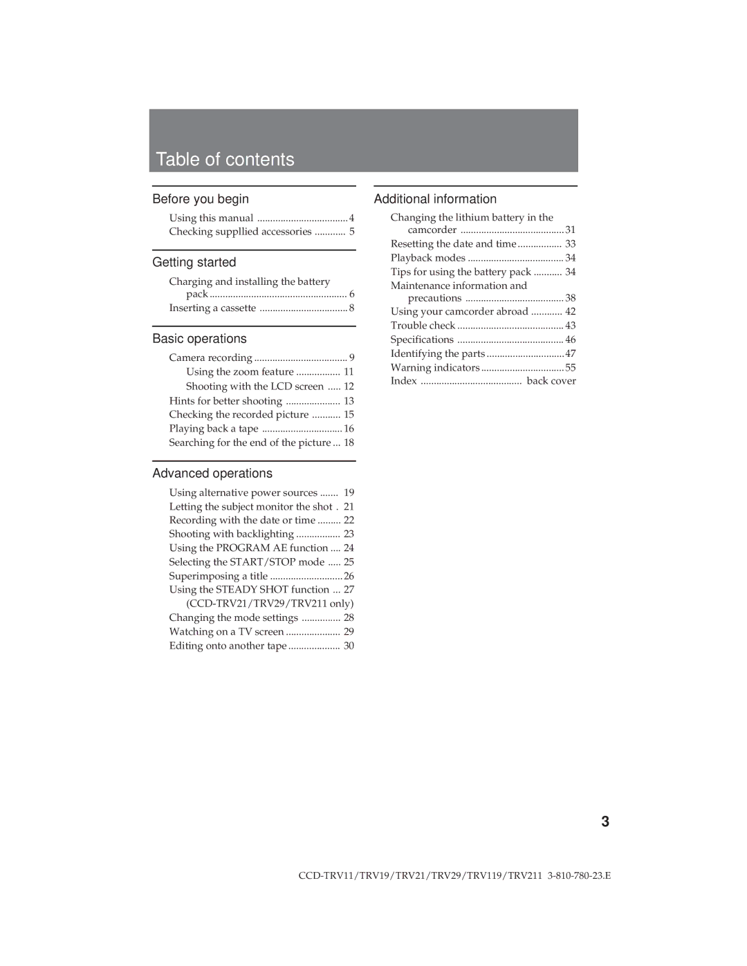 Sony CCD-TRV19, CCD-TRV29 operation manual Table of contents 