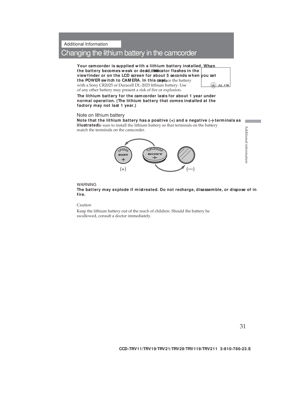 Sony CCD-TRV19, CCD-TRV29 operation manual Changing the lithium battery in the camcorder 