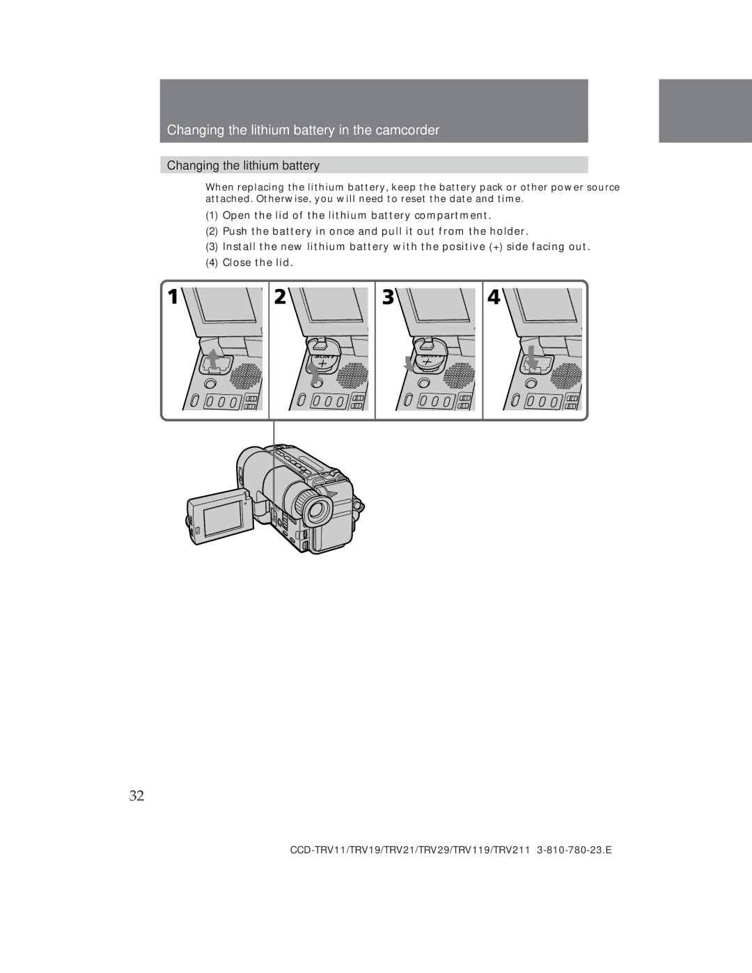 Sony CCD-TRV29, CCD-TRV19 operation manual Changing the lithium battery in the camcorder 