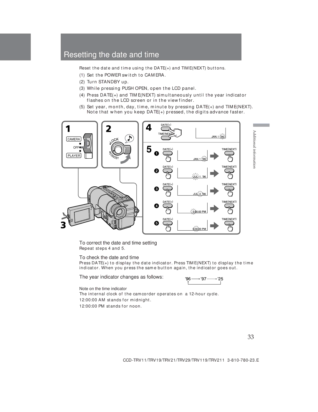 Sony CCD-TRV19, CCD-TRV29 Resetting the date and time, To correct the date and time setting, To check the date and time 