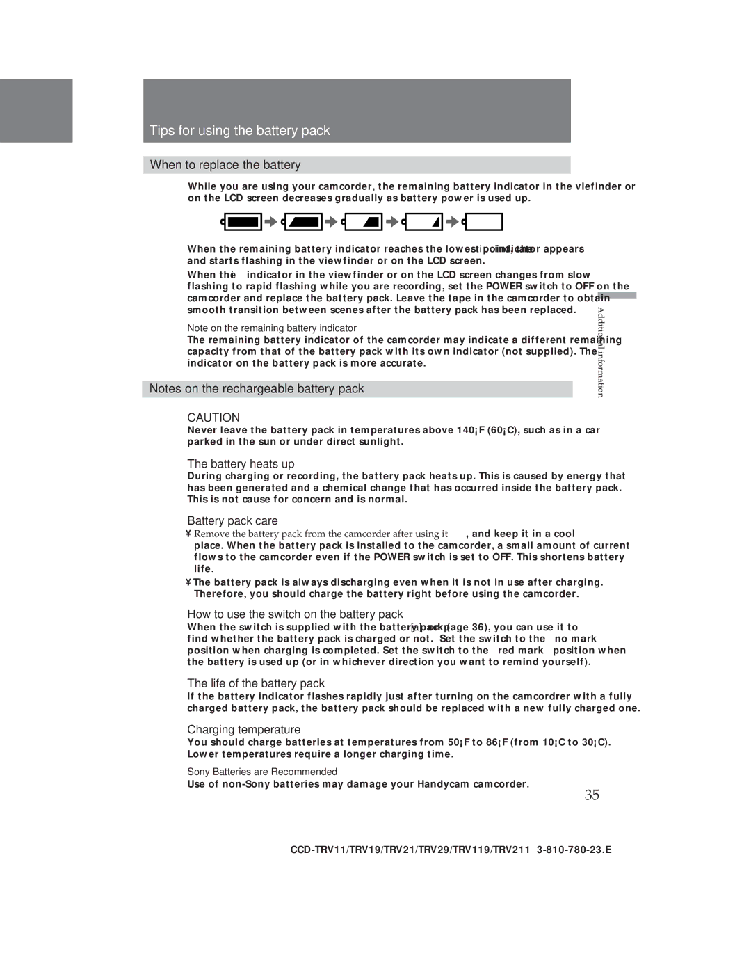 Sony CCD-TRV19, CCD-TRV29 operation manual Tips for using the battery pack 