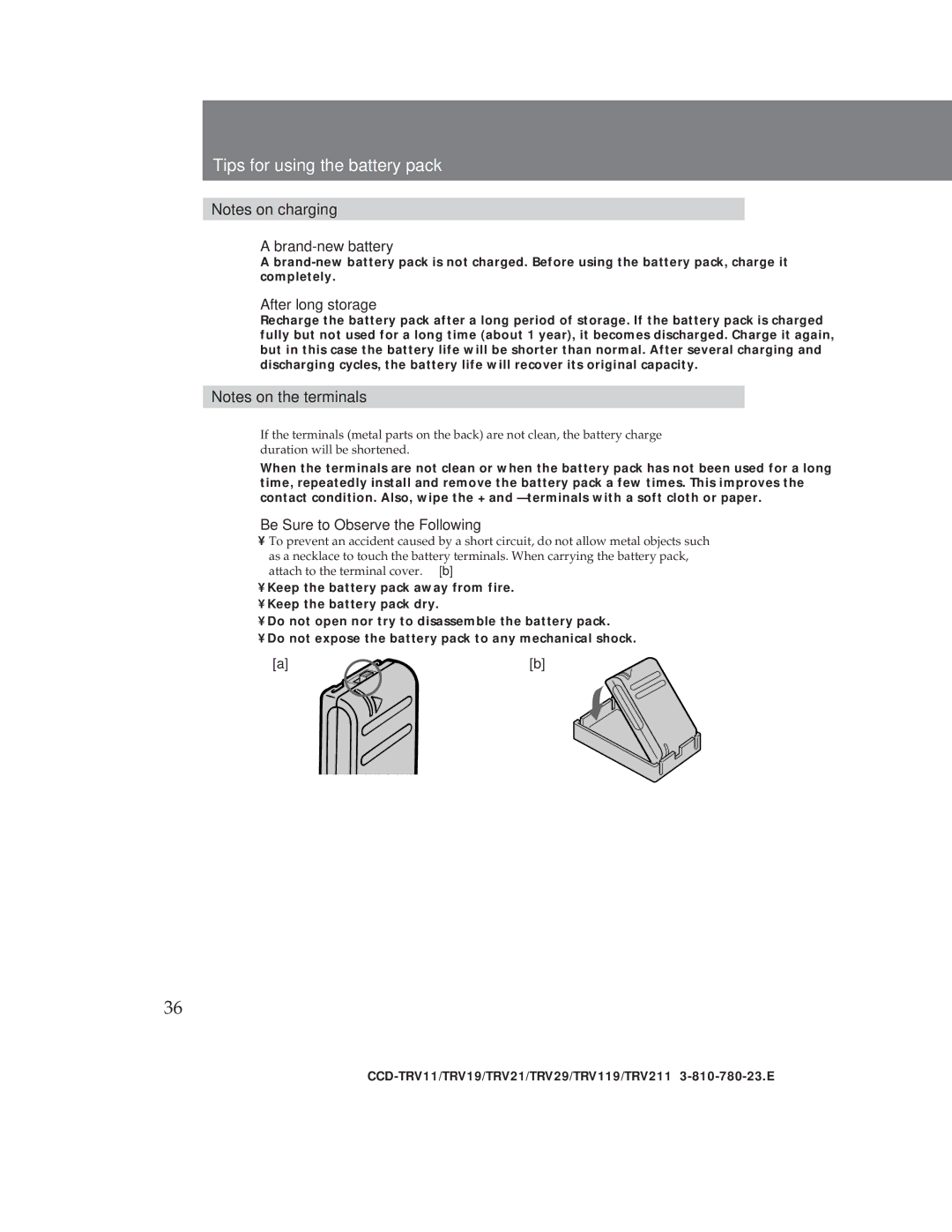 Sony CCD-TRV29, CCD-TRV19 operation manual Brand-new battery, After long storage, Be Sure to Observe the Following 