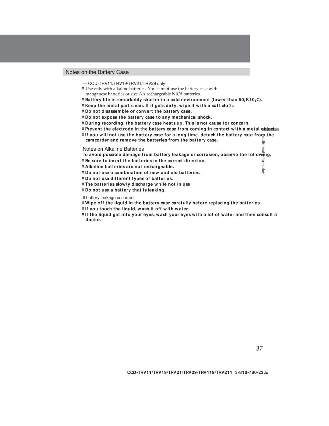 Sony CCD-TRV19, CCD-TRV29 operation manual CCD-TRV11/TRV19/TRV21/TRV29 only, If battery leakage occurred 