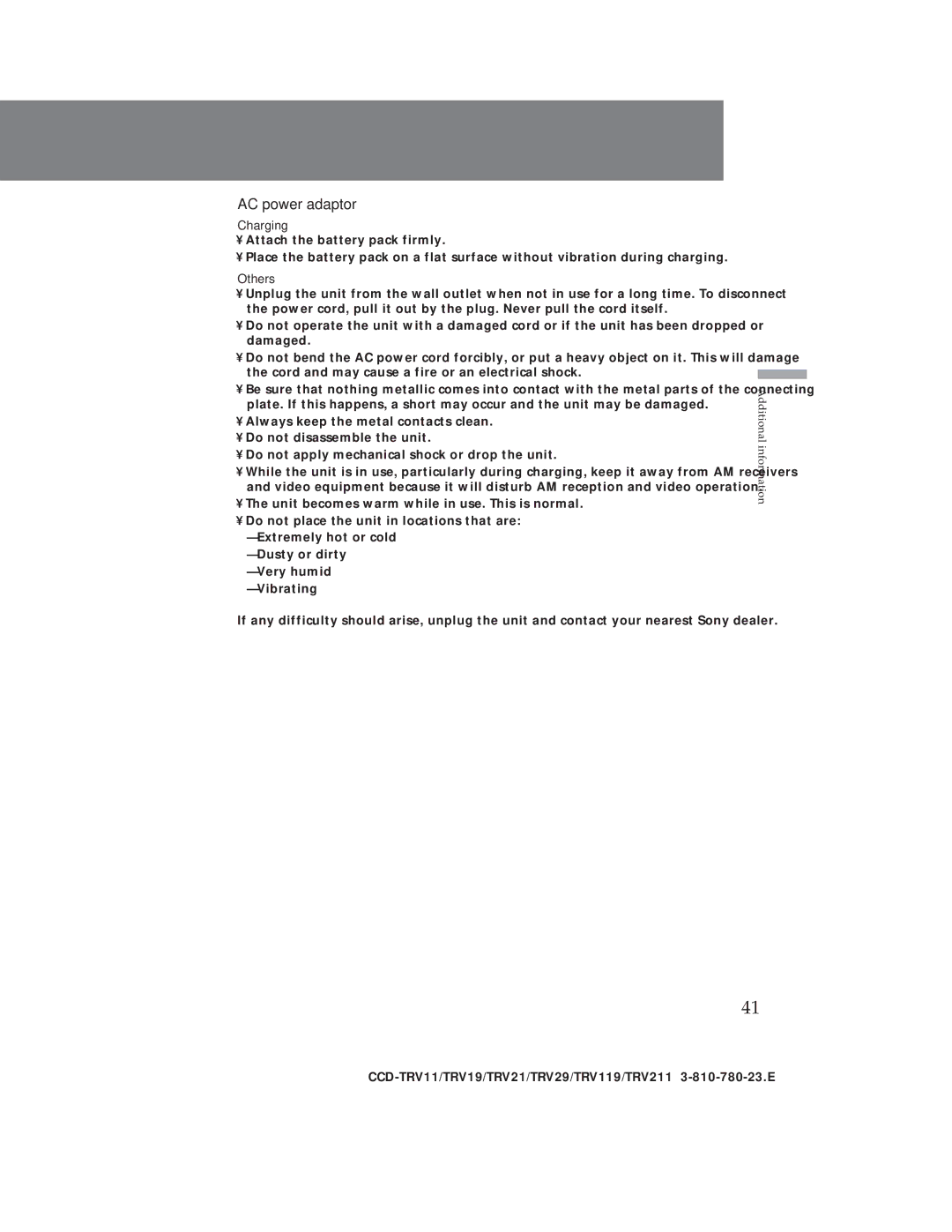 Sony CCD-TRV19, CCD-TRV29 operation manual AC power adaptor, Charging, Others 