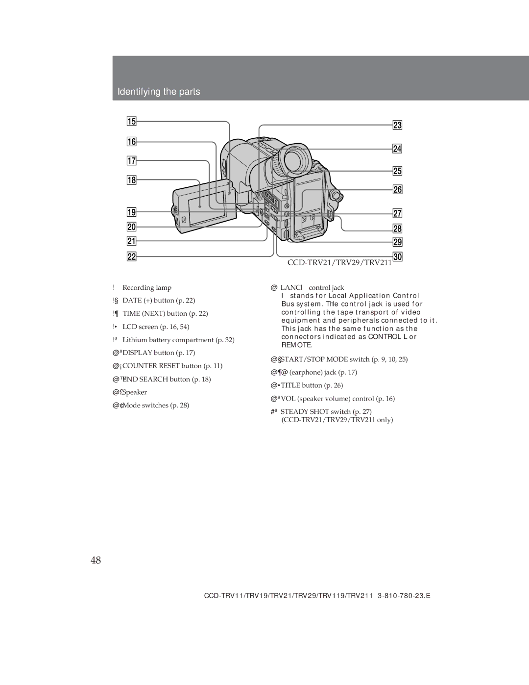 Sony CCD-TRV29, CCD-TRV19 operation manual Identifying the parts, @ Lanc l control jack 