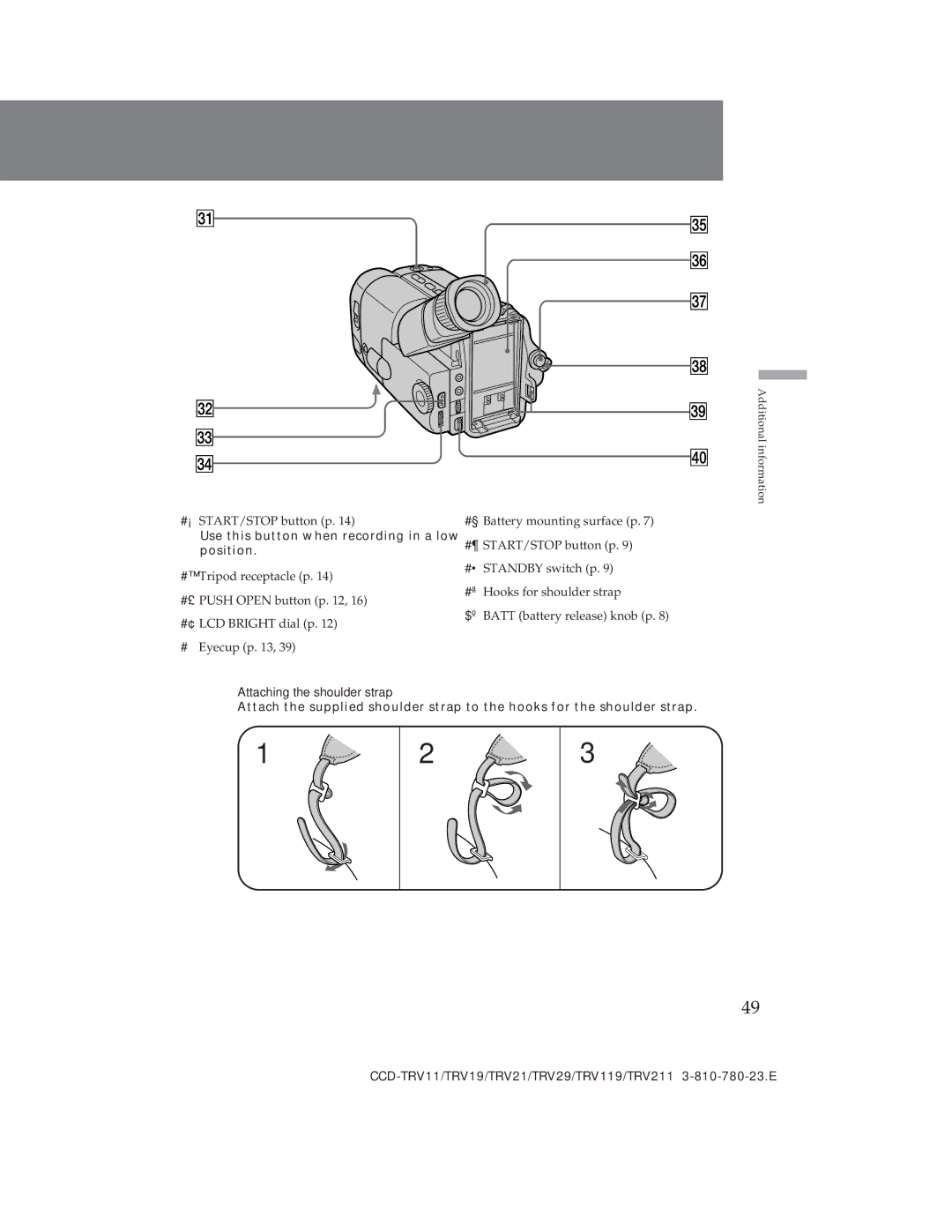 Sony CCD-TRV19, CCD-TRV29 #Á START/STOP button p, $¼ Batt battery release knob p Attaching the shoulder strap 